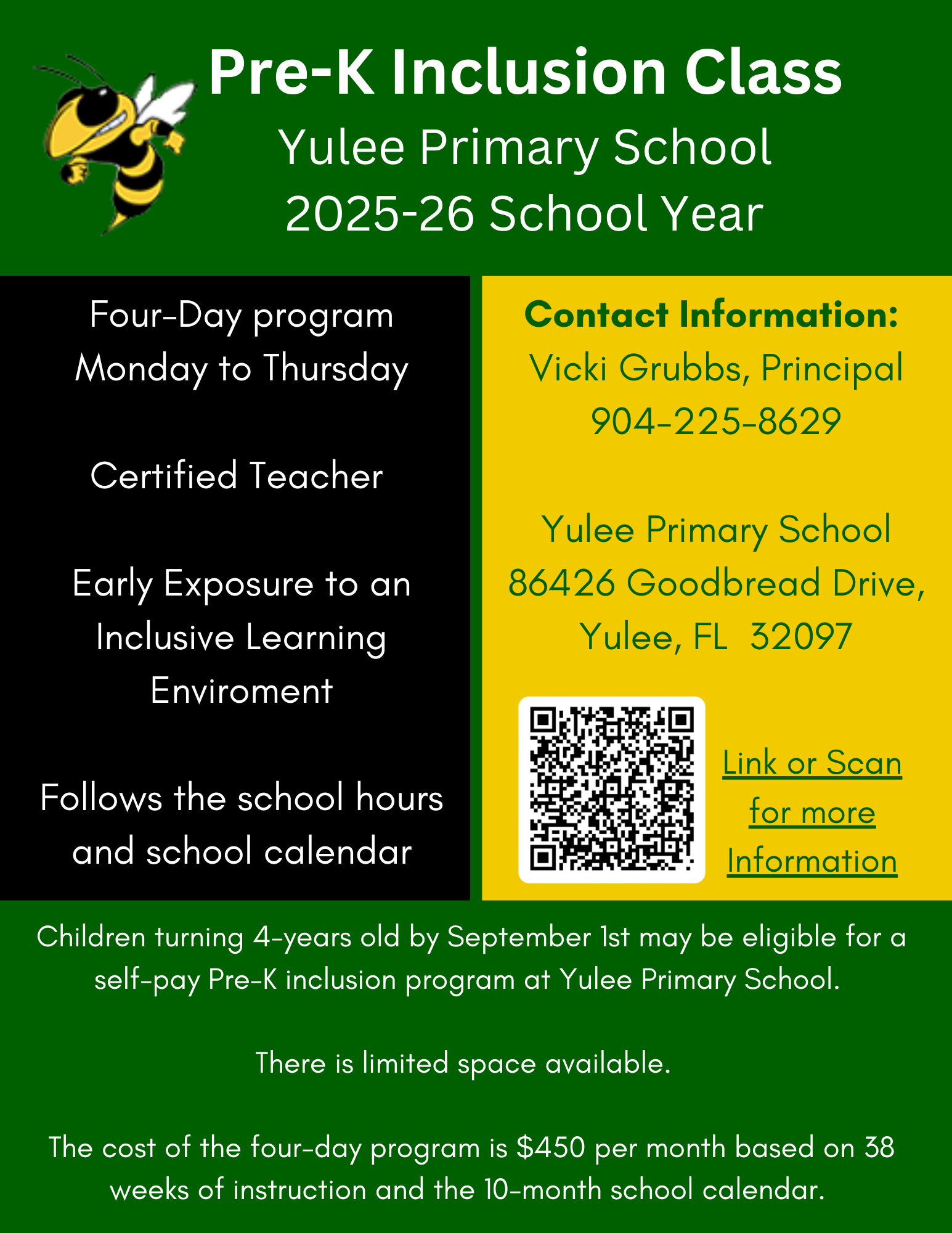Flyer for the 2025–26 Pre-K Inclusion Class at Yulee Primary School. Includes a yellow jacket mascot, details about a four-da