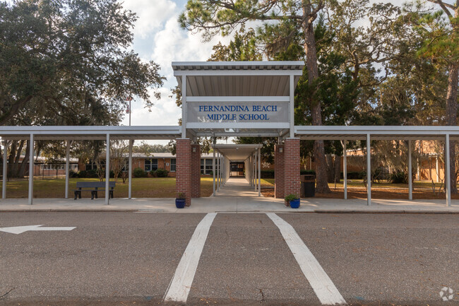Front of the FBMS awning showing the name of the school on the front walkway